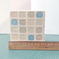 Vintage Ceramic Square Tissue Box Cover Holder with Blue Beige Tan Mosaic Geometric Design