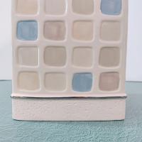 Vintage Ceramic Square Tissue Box Cover Holder with Blue Beige Tan Mosaic Geometric Design