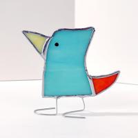 Stained Glass Standing Bird, Funky Glass Bird, Aqua Blue and Orange Bird Suncatcher, Windowsill Sitter Free Standing Bird