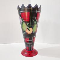 Vintage Jane Keltner Toleware Painted Metal Vase with Fruit and Plaid Design, Signed Keltner Two's Company Tole Cone Vase