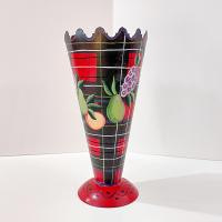 Vintage Jane Keltner Toleware Painted Metal Vase with Fruit and Plaid Design, Signed Keltner Two's Company Tole Cone Vase