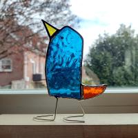 Stained Glass Standing Bird, Funky Glass Bird, Turquoise Aqua Blue and Orange Bird Suncatcher, Windowsill Free Standing Bird