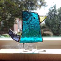 Stained Glass Standing Bird, Funky Turquoise Blue and Purple Glass Bird Suncatcher, Bird Lover Gift, Windowsill Sitter