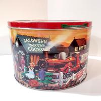 Vintage Jacobsen's of Denmark Butter Cookie Train Station Tin, Large Round Train Themed Metal Storage Tin.