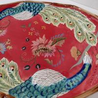 Vintage Hand Painted Tracy Porter The Artesian Road Ceramic Serving Tray Platter, Peacock Floral Design