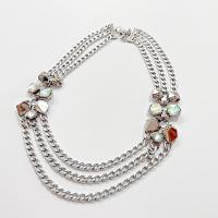 Vintage Silver Toned Triple Chain Statement Necklace with Rhinestones and Dichroic Cabochons, Adjustable Length 21" to 23"