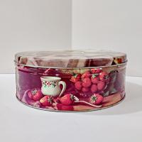 Vintage Robert Chailloux Regal Tea Large Round Cookie Tin, Tea Kettle and Strawberries 10 Inch Metal Tin Storage Container