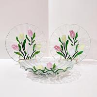 Vintage Sydenstricker Fused Glass Ruffled Floral Tulip Bowl, Pink Yellow White Tulips Bowl