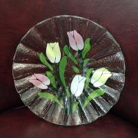 Vintage Sydenstricker Fused Glass Ruffled Floral Tulip Bowl, Pink Yellow White Tulips Bowl