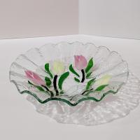 Vintage Sydenstricker Fused Glass Ruffled Floral Tulip Bowl, Pink Yellow White Tulips Bowl