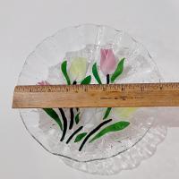 Vintage Sydenstricker Fused Glass Ruffled Floral Tulip Bowl, Pink Yellow White Tulips Bowl