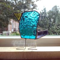 Stained Glass Standing Bird, Funky Blue and Purple Glass Bird Suncatcher, Bird Lover Gift