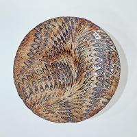 Vintage Turkish Art Glass Serving Bowl, Reverse Painted Peacock Swirl Design