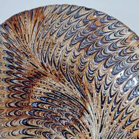 Vintage Turkish Art Glass Serving Bowl, Reverse Painted Peacock Swirl Design