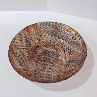 Vintage Turkish Art Glass Serving Bowl, Reverse Painted Peacock Swirl Design
