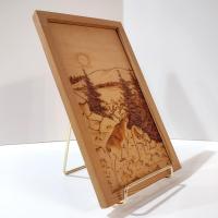 Vintage Wood Burned Etched Wooden Animal Mountain Landscape Wall Hanging, Finnish Wood Art