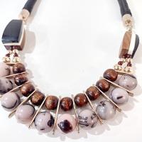 Vintage Wooden Beaded, Rope, and Gold Toned Brown Black Tan Chico's Statement Necklace