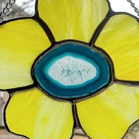 Stained Glass Yellow Pansy Flower with Blue Dyed Agate Geode Center