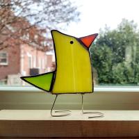 Stained Glass Standing Bird, Funky Glass Bird, Yellow and Green Bird Suncatcher, Windowsill Free Standing Bird