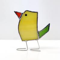 Stained Glass Standing Bird, Funky Glass Bird, Yellow and Green Bird Suncatcher, Windowsill Free Standing Bird