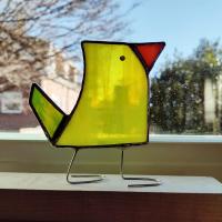 Stained Glass Standing Bird, Funky Glass Bird, Yellow and Green Bird Suncatcher, Windowsill Free Standing Bird