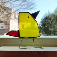 Stained Glass Standing Bird, Funky Glass Bird, Yellow and Red Bird Suncatcher, Windowsill Free Standing Bird