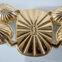 Vintage Yves Saint Laurent Crescent Moon Necklace, YSL Aqua Blue Jewel and White Resin Cabochons with Gold Tone Wheat Link Chain