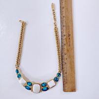 Vintage Yves Saint Laurent Crescent Moon Necklace, YSL Aqua Blue Jewel and White Resin Cabochons with Gold Tone Wheat Link Chain