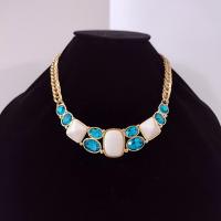 Vintage Yves Saint Laurent Crescent Moon Necklace, YSL Aqua Blue Jewel and White Resin Cabochons with Gold Tone Wheat Link Chain