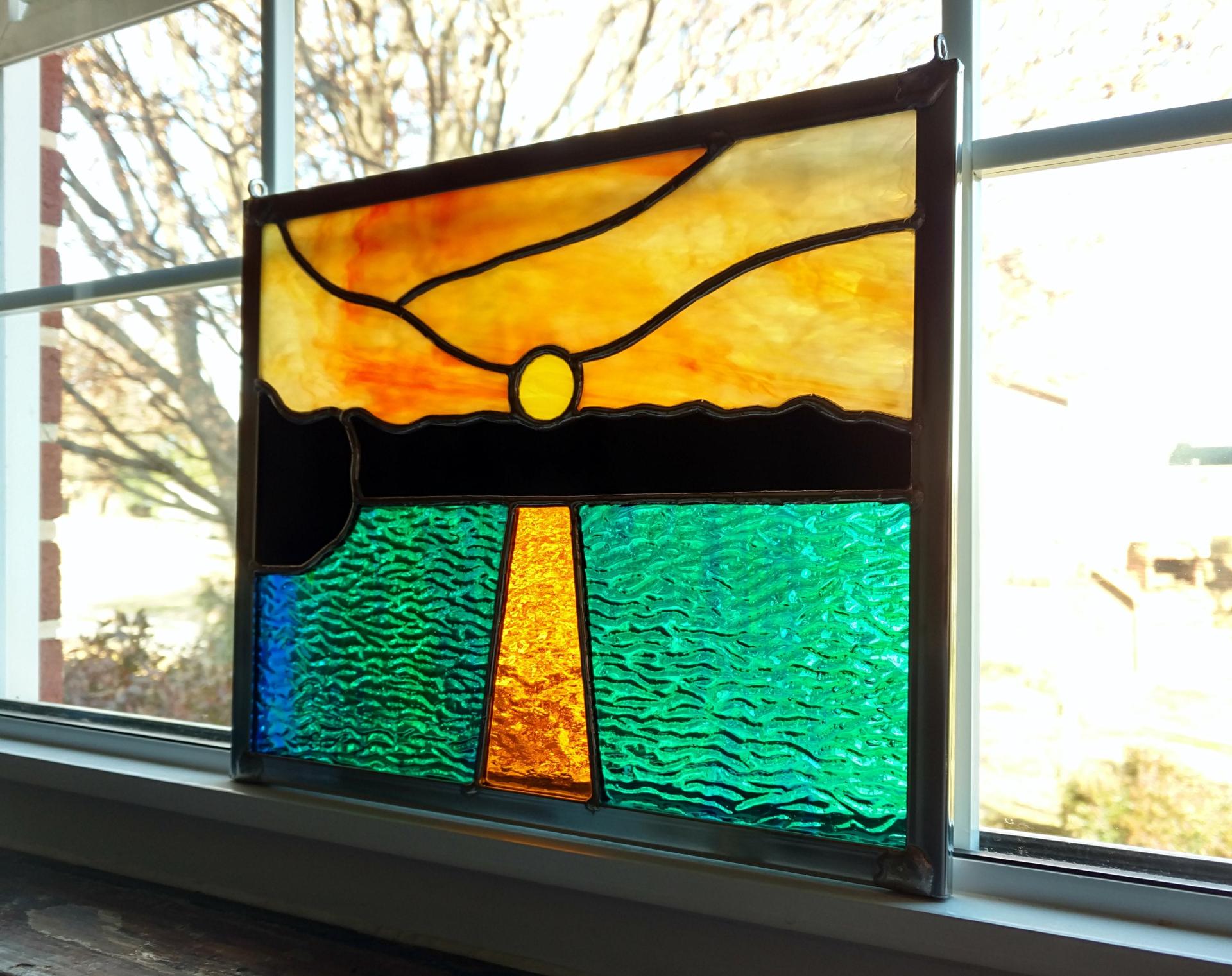 Ocean Sunset Stained Glass Window Panel