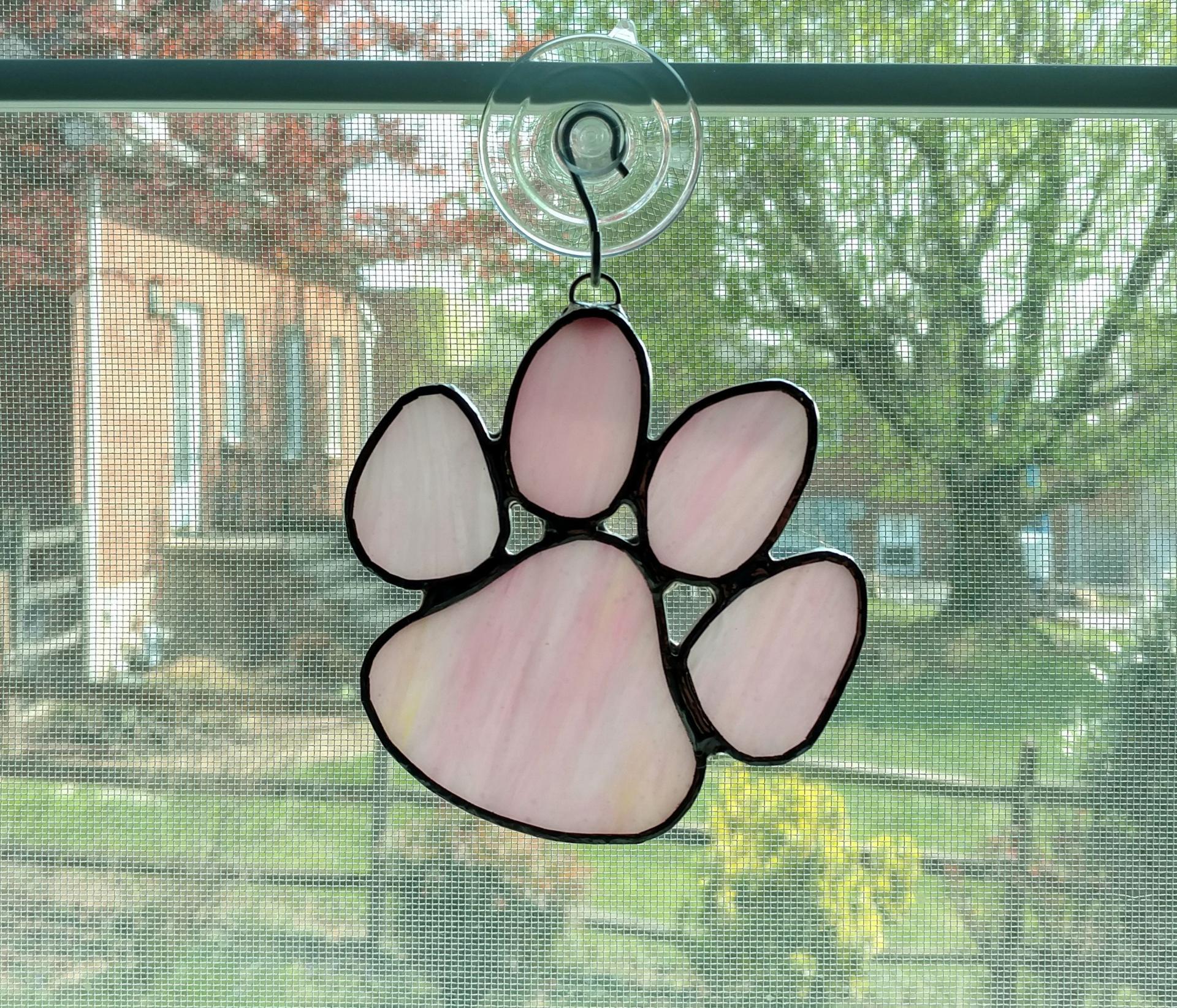 Stained Glass Paw Print Suncatcher, Pink Opal