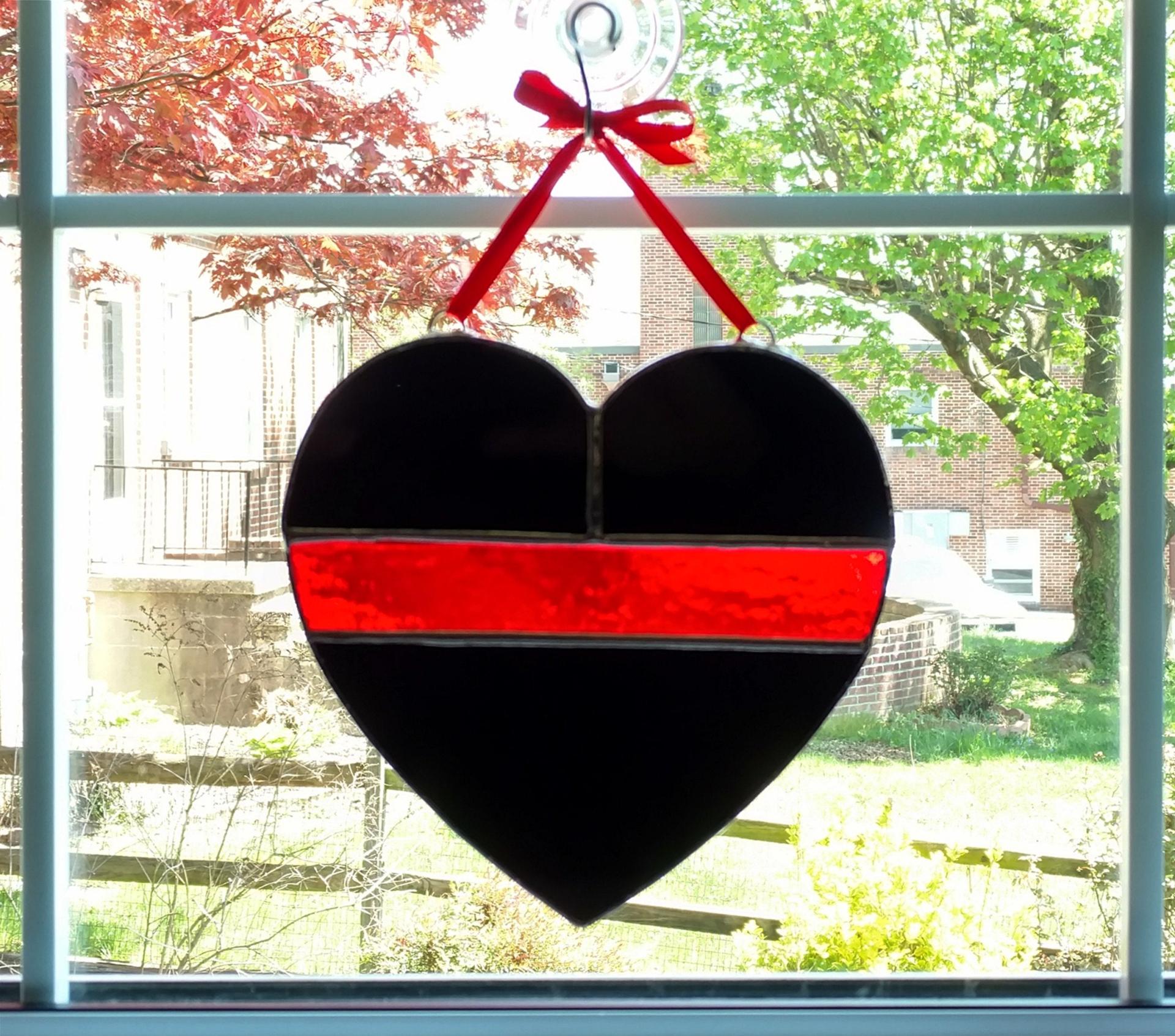 Thin Red Line Stained Glass Heart, Fire Service Symbol, Firefighter Gift