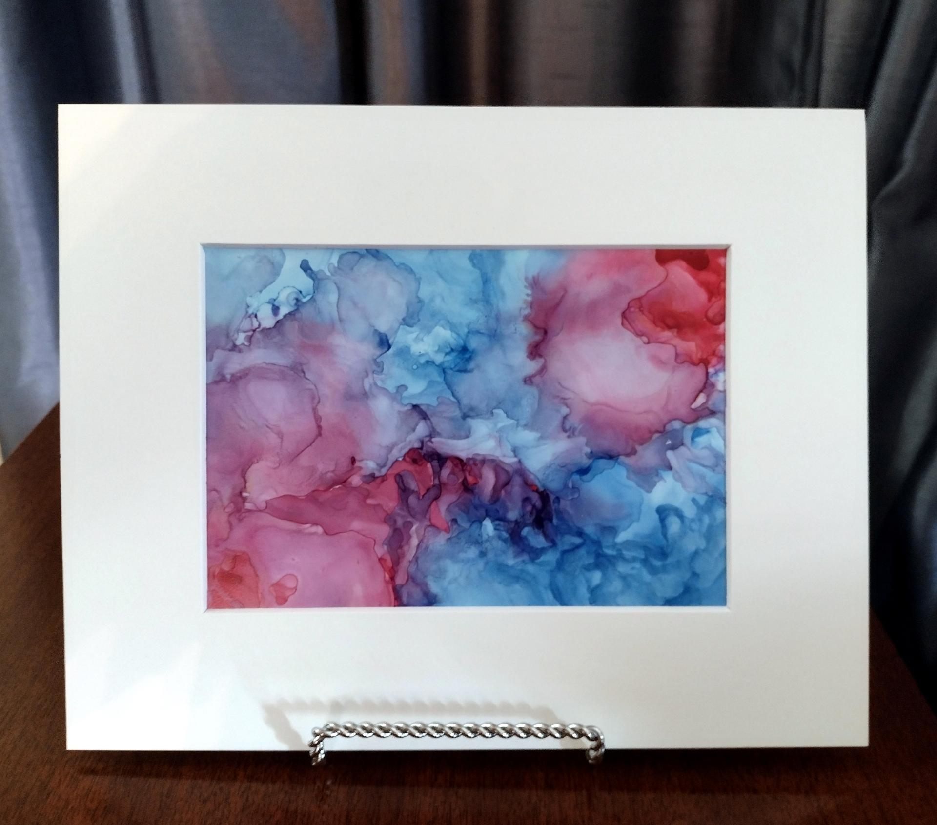 Alcohol Ink Painting, 5 x 7 Matted to 8 x 10, Blue and Rose Pink Abstract Art