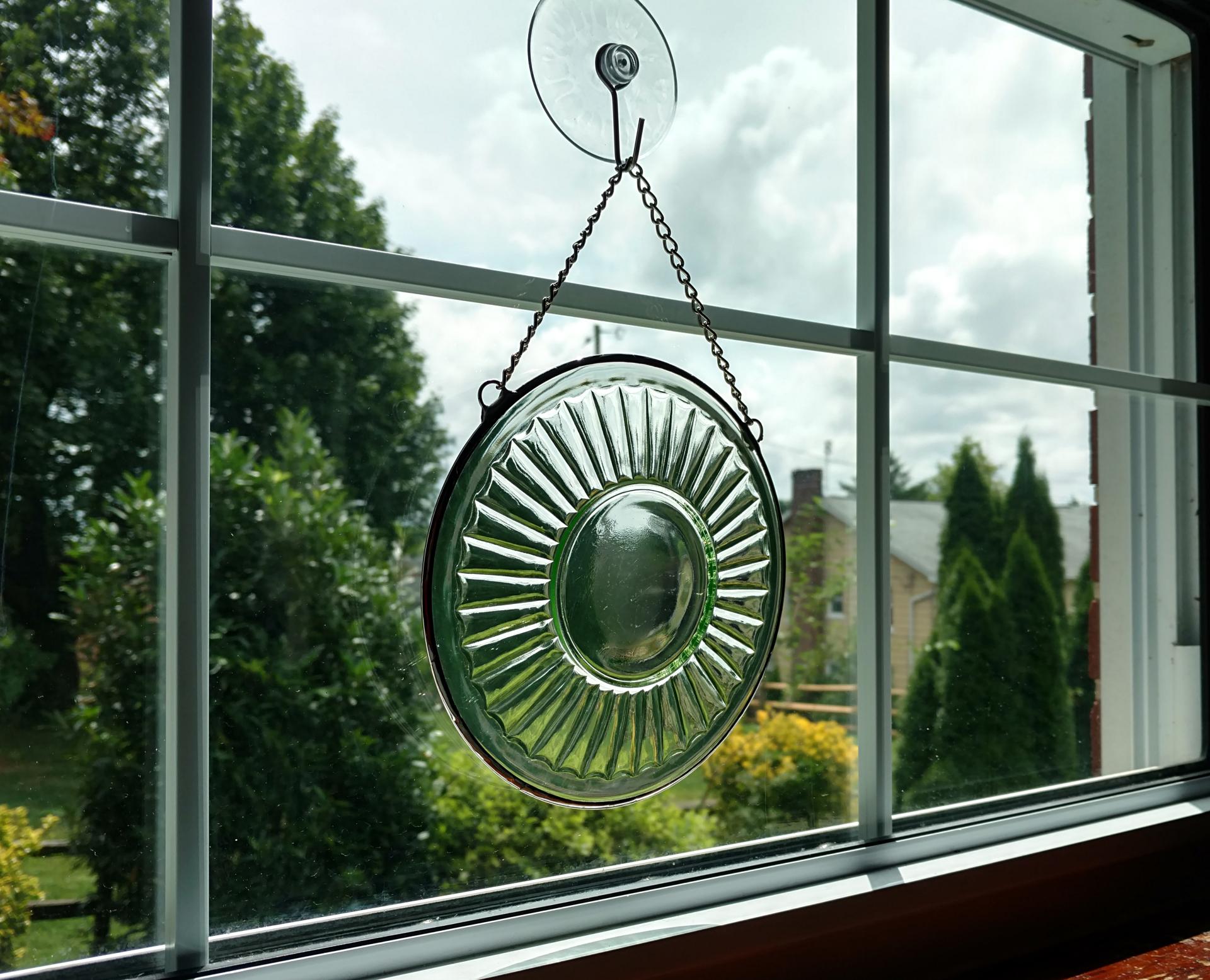 Vintage Green Pressed Glass Plate Window Hanging