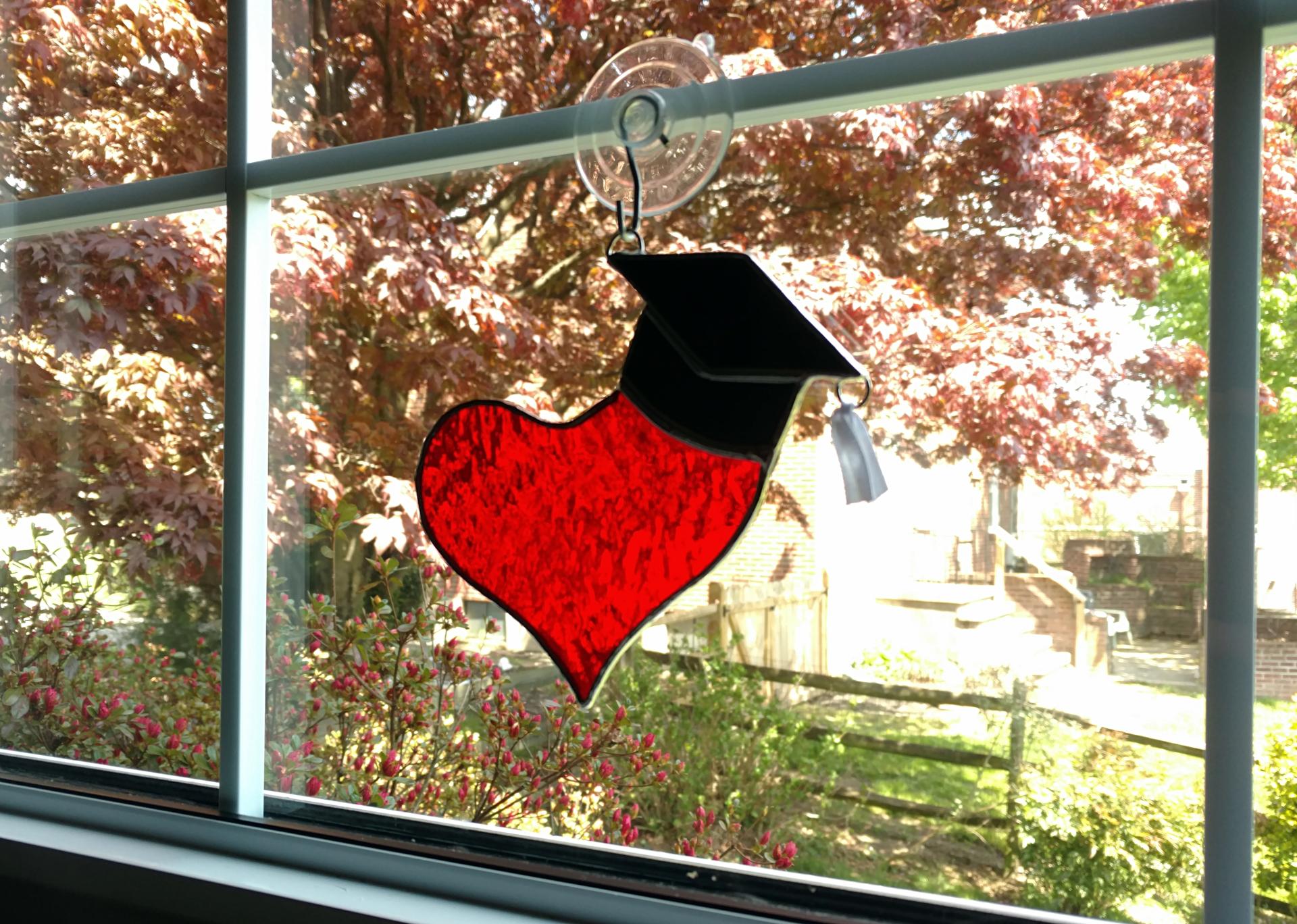 I Love Graduate Stained Glass Suncatcher, Heart with Graduation Cap, Custom Colors Available