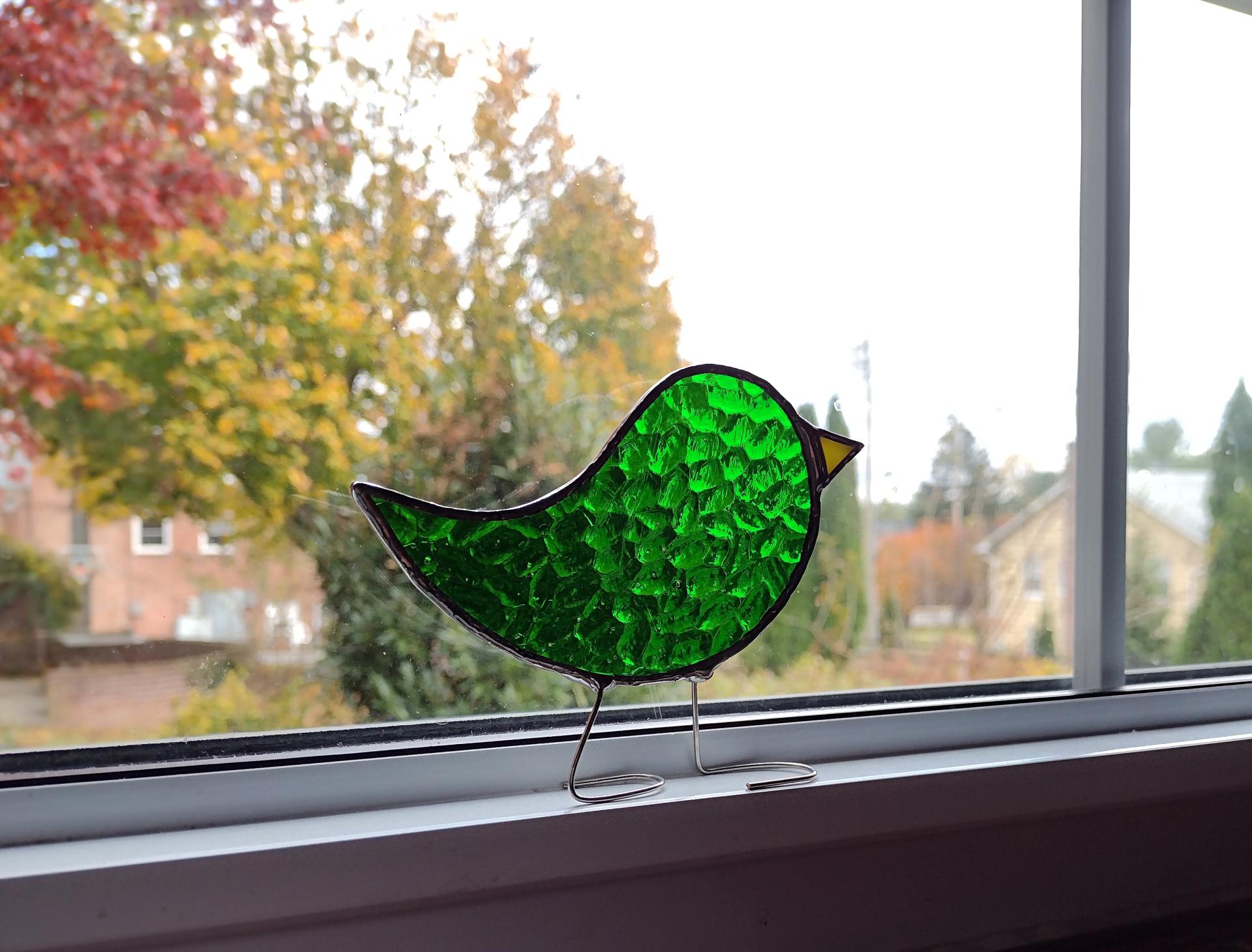 Stained Glass Standing Bird, Green Hammered Cathedral Glass