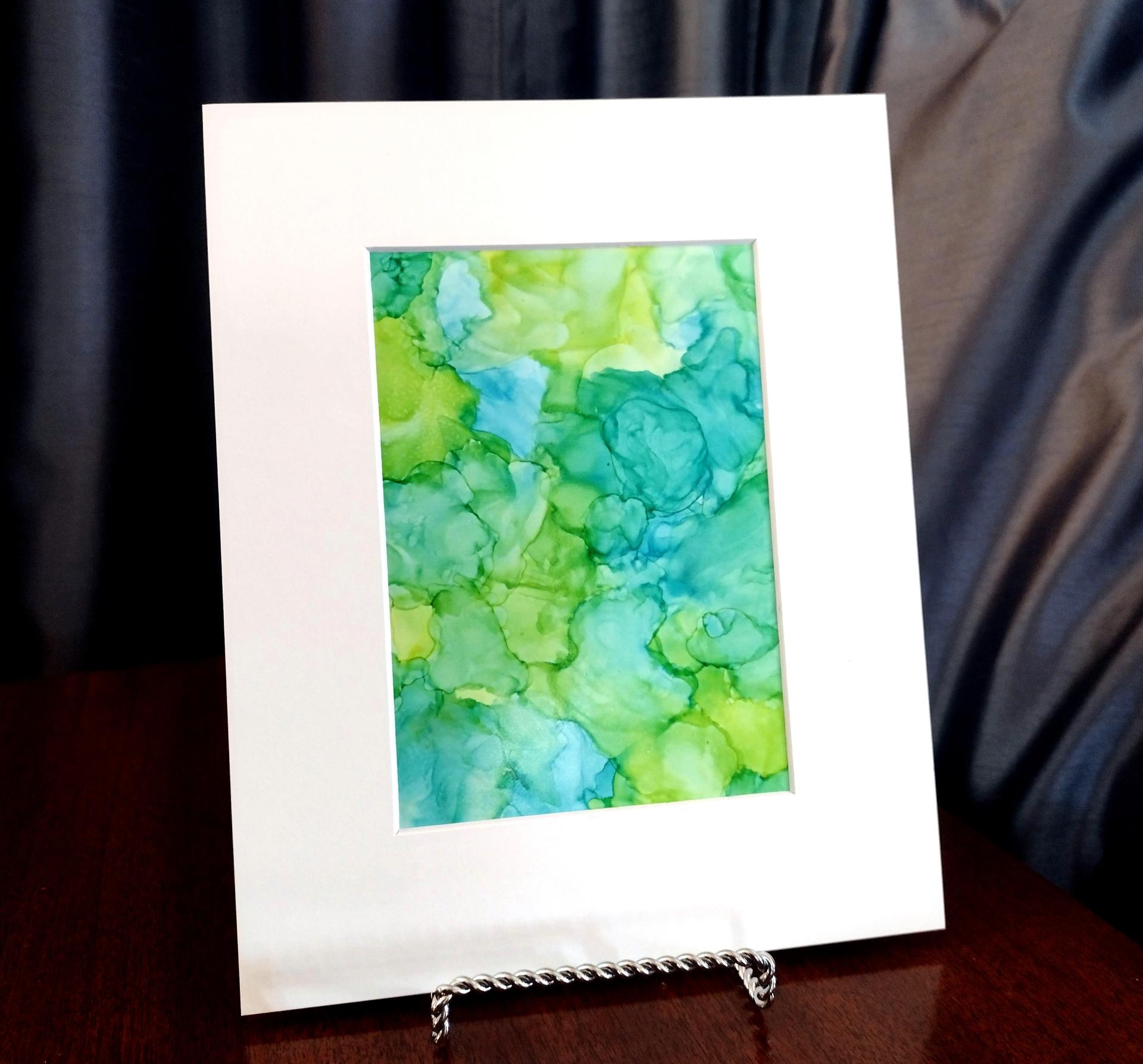 Alcohol Ink Painting, 5 x 7 Matted to 8 x 10, Blues and Greens