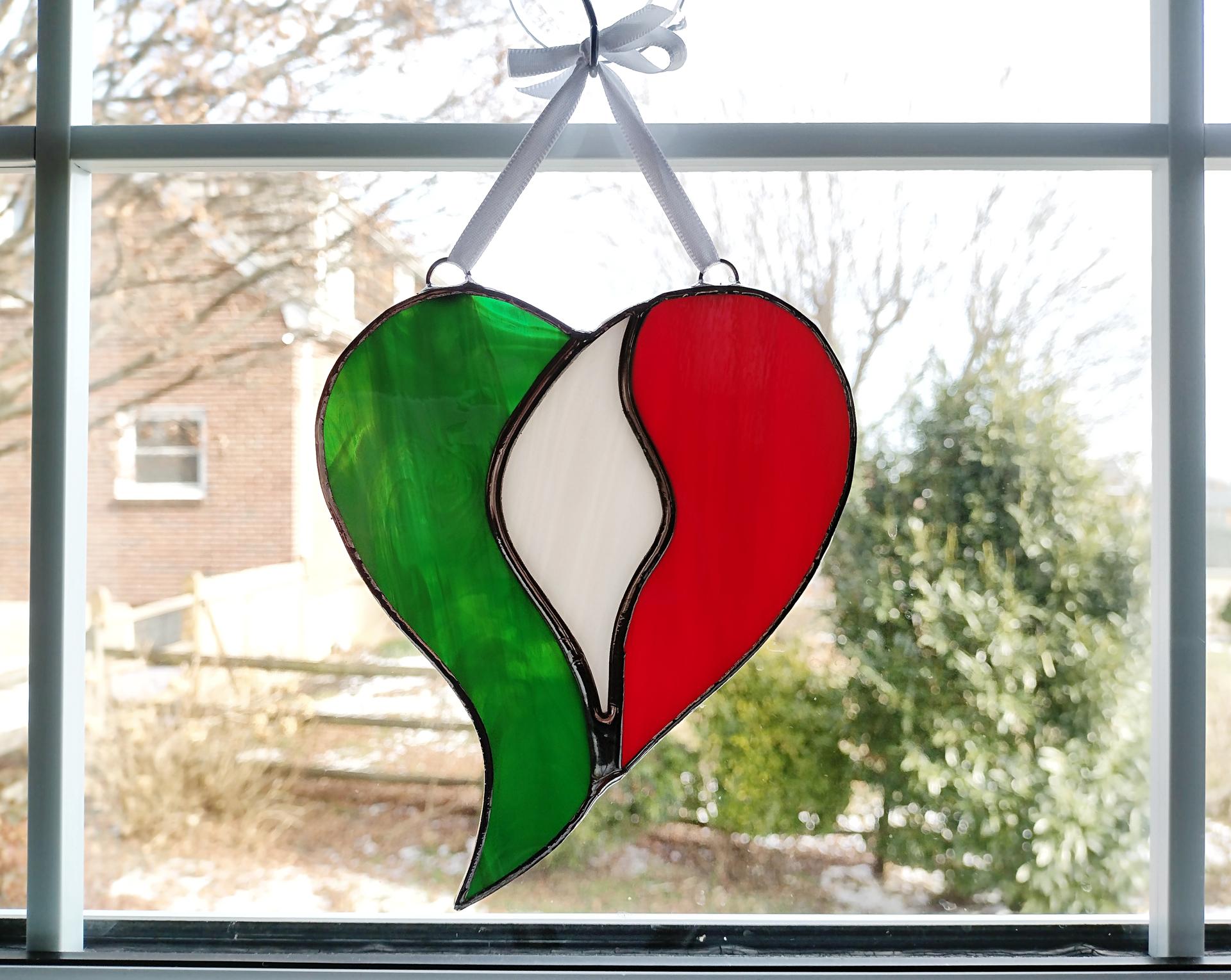 Italian or Mexican Flag Unity Heart Stained Glass Suncatcher, Custom Colors Available