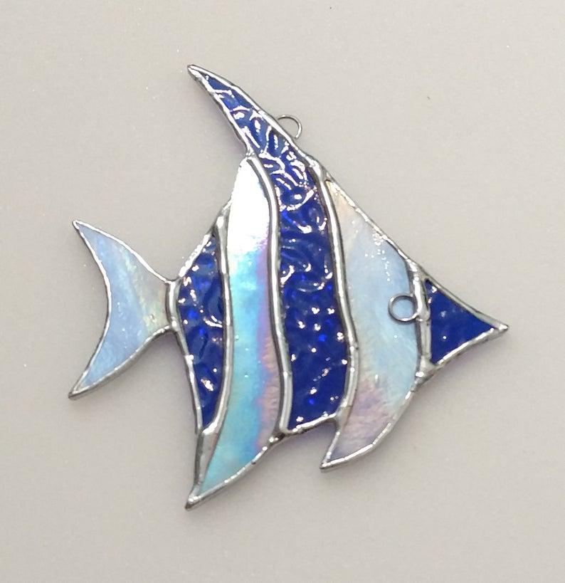 Angel Fish Stained Glass Suncatcher, Iridescent Blue