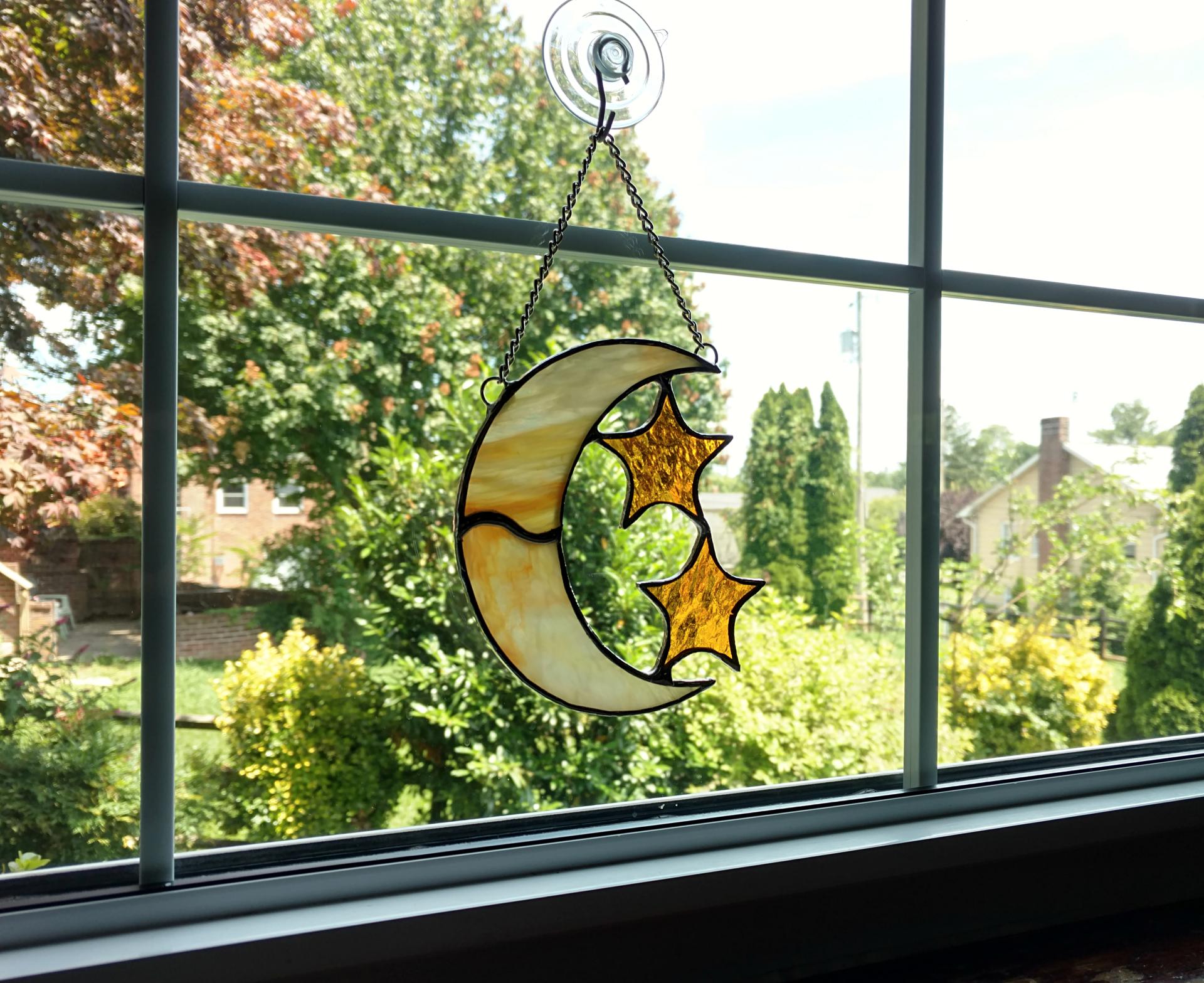 Moon and Stars Stained Glass Suncatcher, Orange and Yellow Swirled Corsica Glass