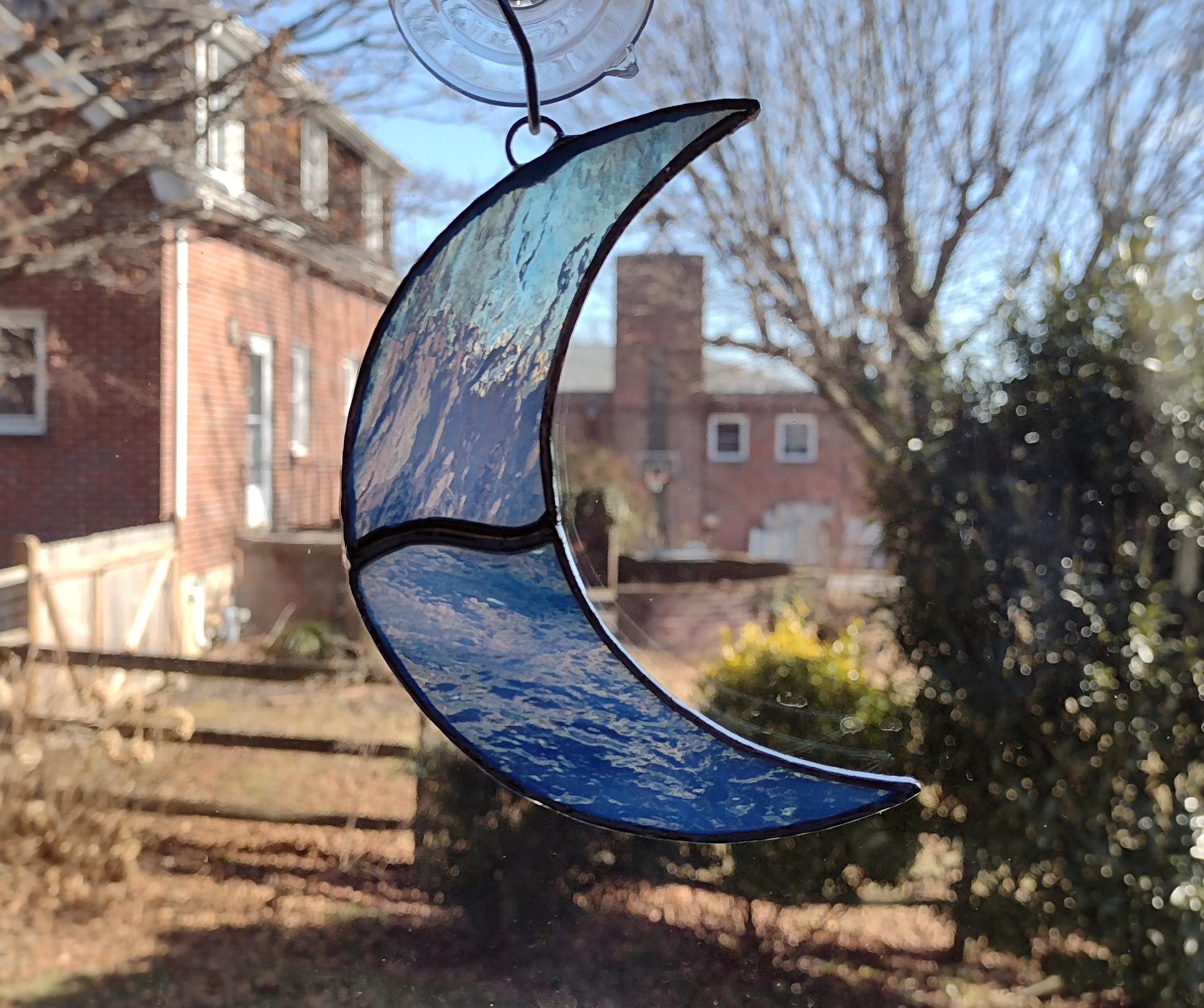 Crescent Moon Stained Glass Suncatcher--Blue Moon