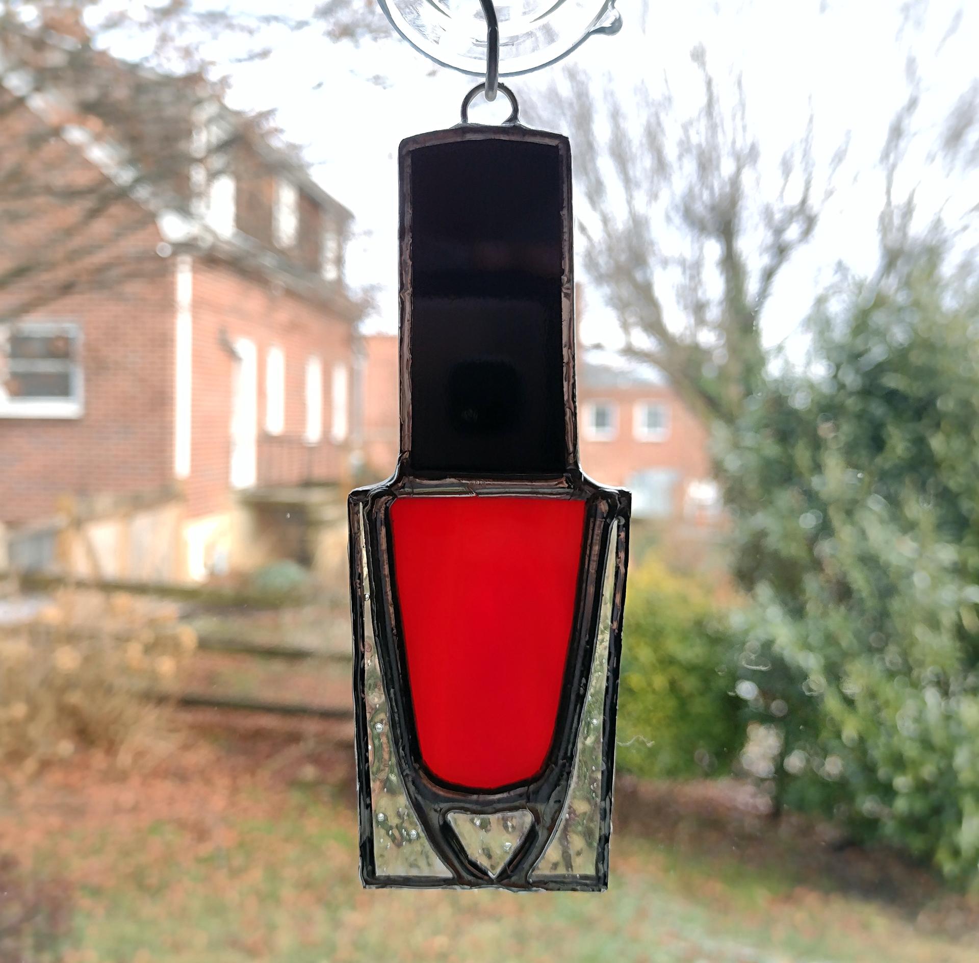 Nail Polish Bottle Stained Glass Suncatcher / Christmas Tree Ornament, Red Opalescent, Custom Colors Available