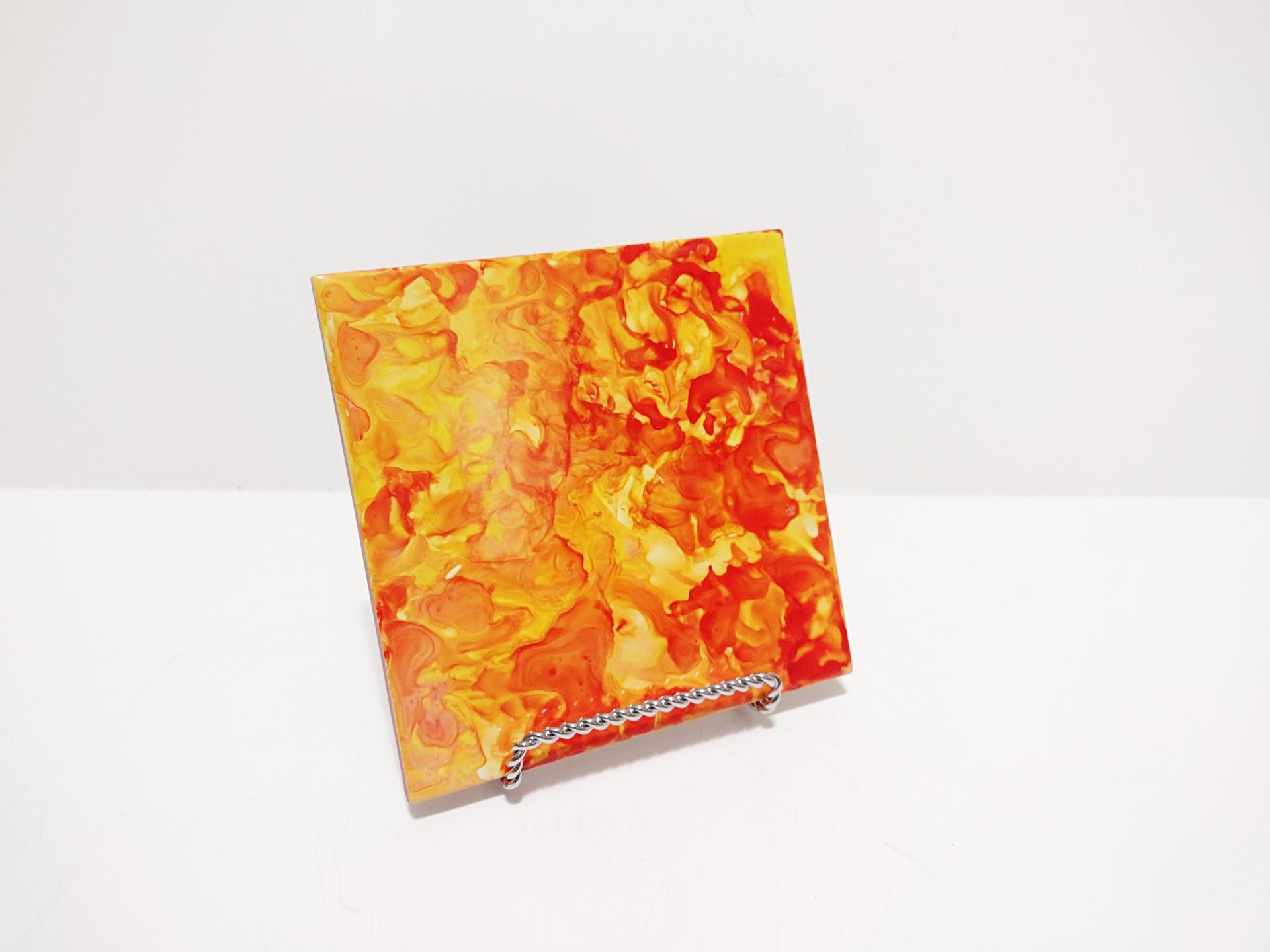 Alcohol Ink Ceramic Tile Trivet, 6" x 6", Orange and Yellow