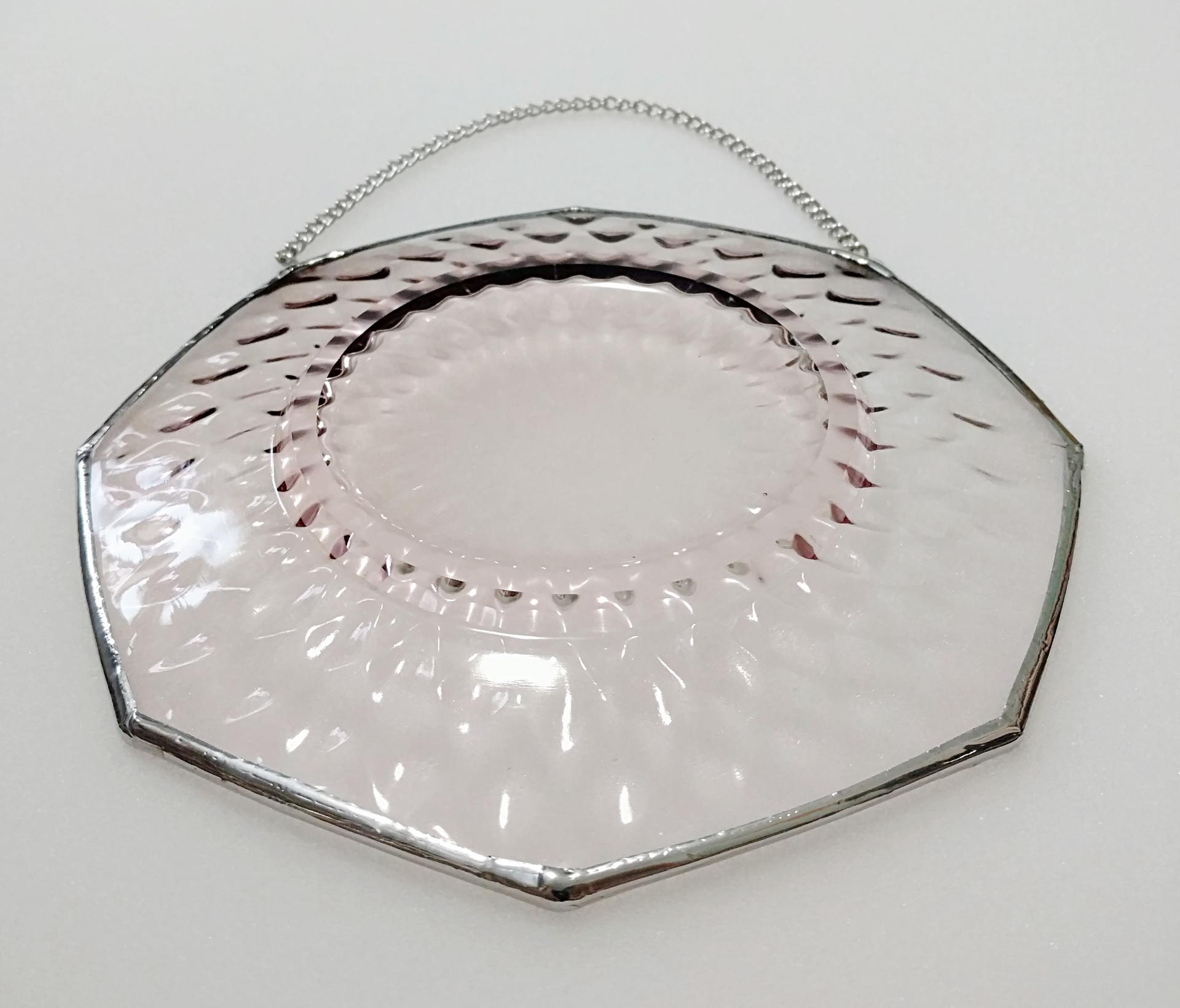 Vintage Glass Plate Window Hanging, Pale Pink