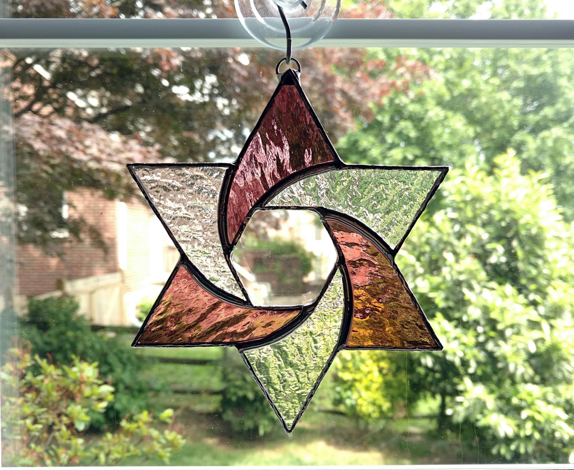 Stained Glass Star of David Suncatcher, Pink and Clear