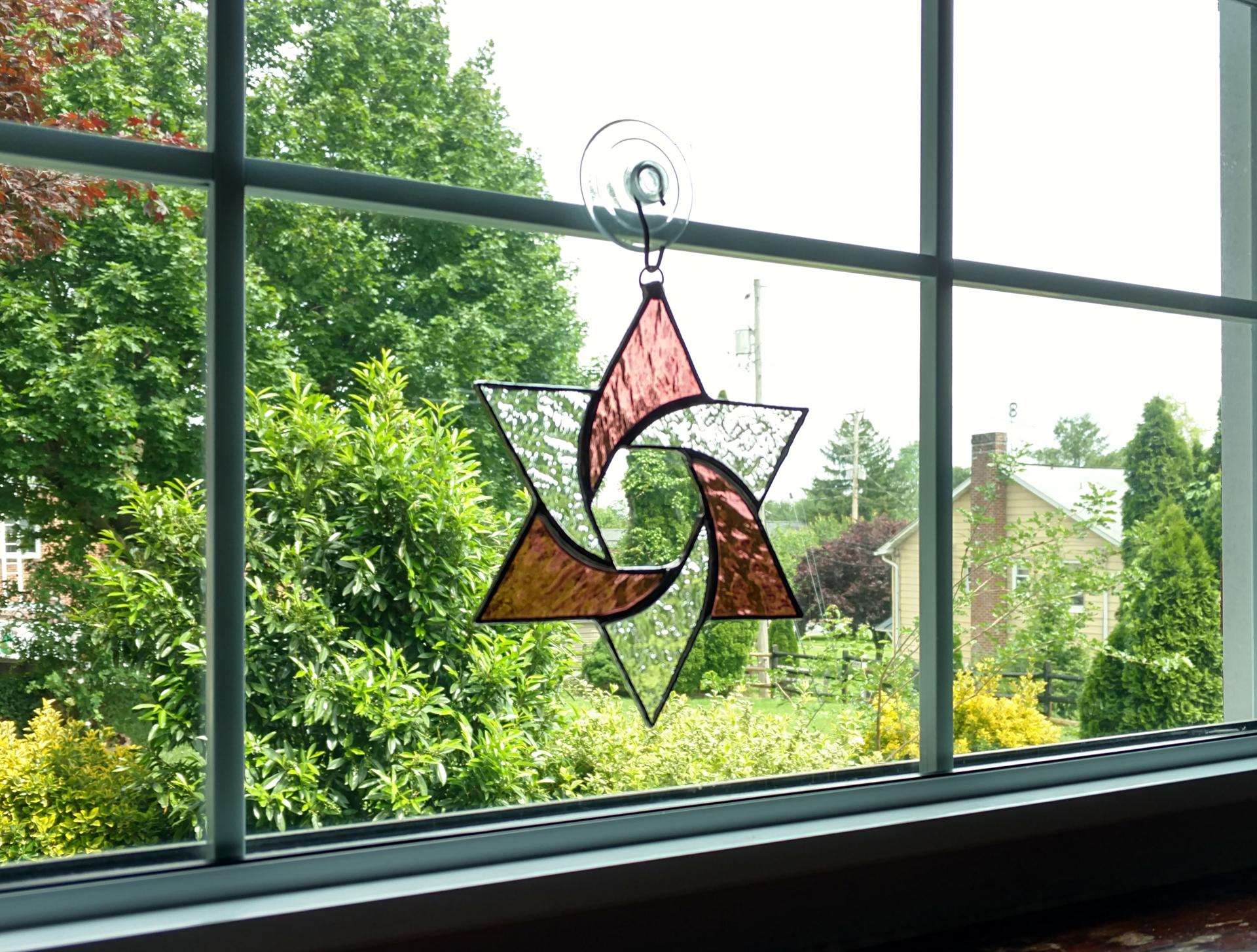 Stained Glass Star of David Suncatcher, Pink and Clear