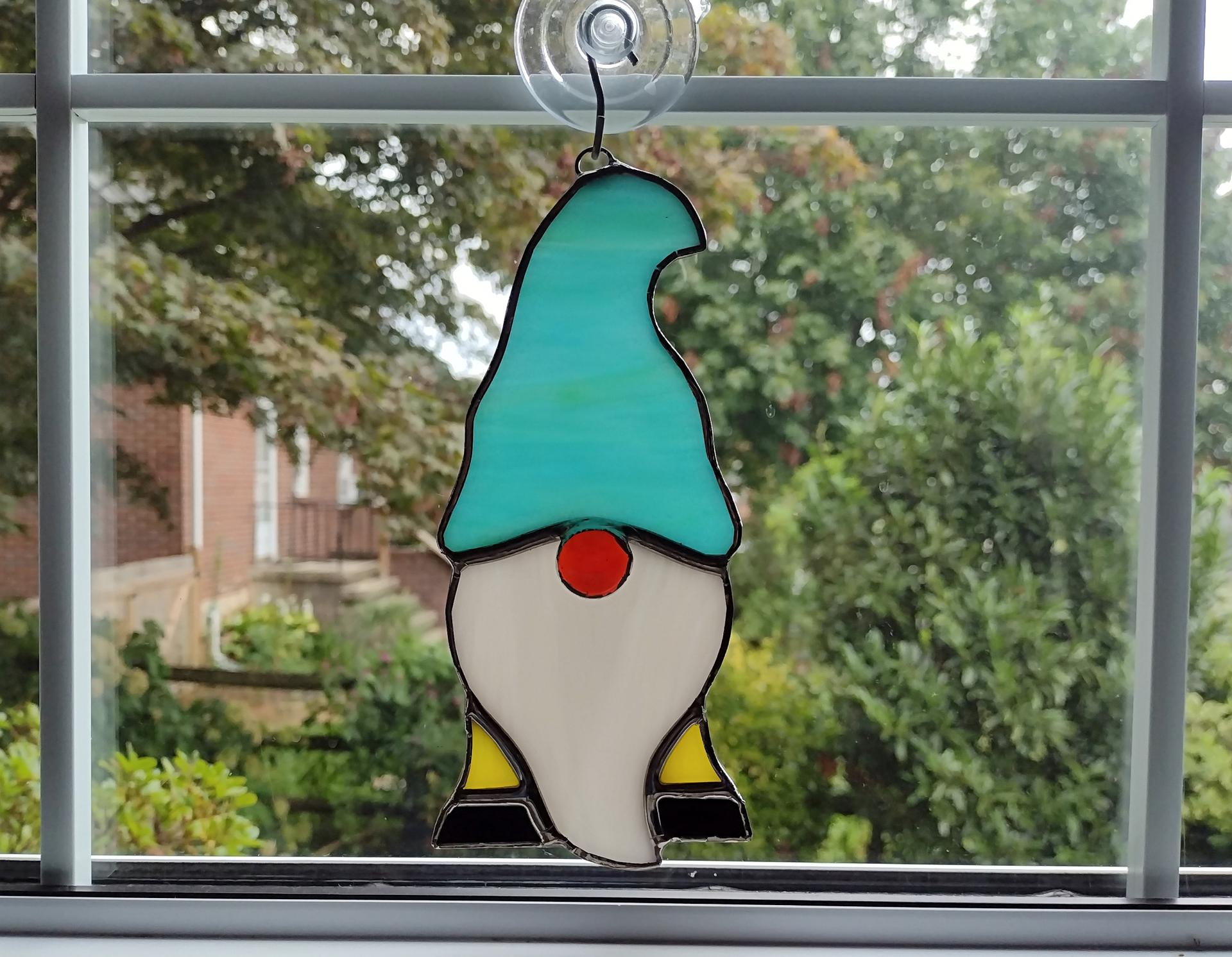 Stained Glass Gnome / Elf Suncatcher - Aqua Blue