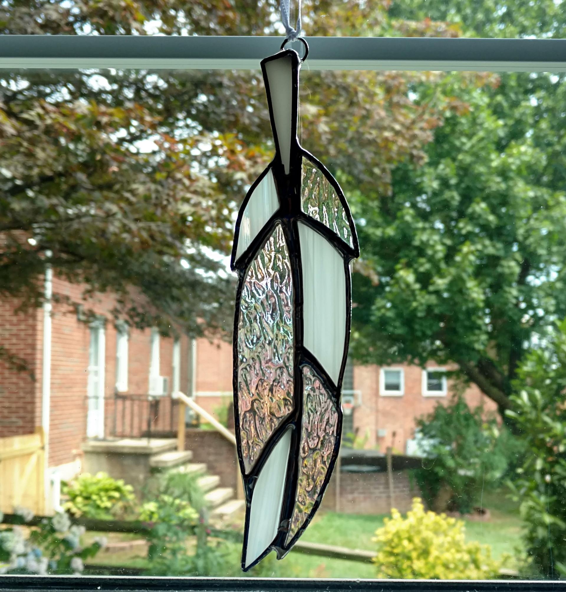 Stained Glass Feather Suncatcher, Iridescent Clear and White