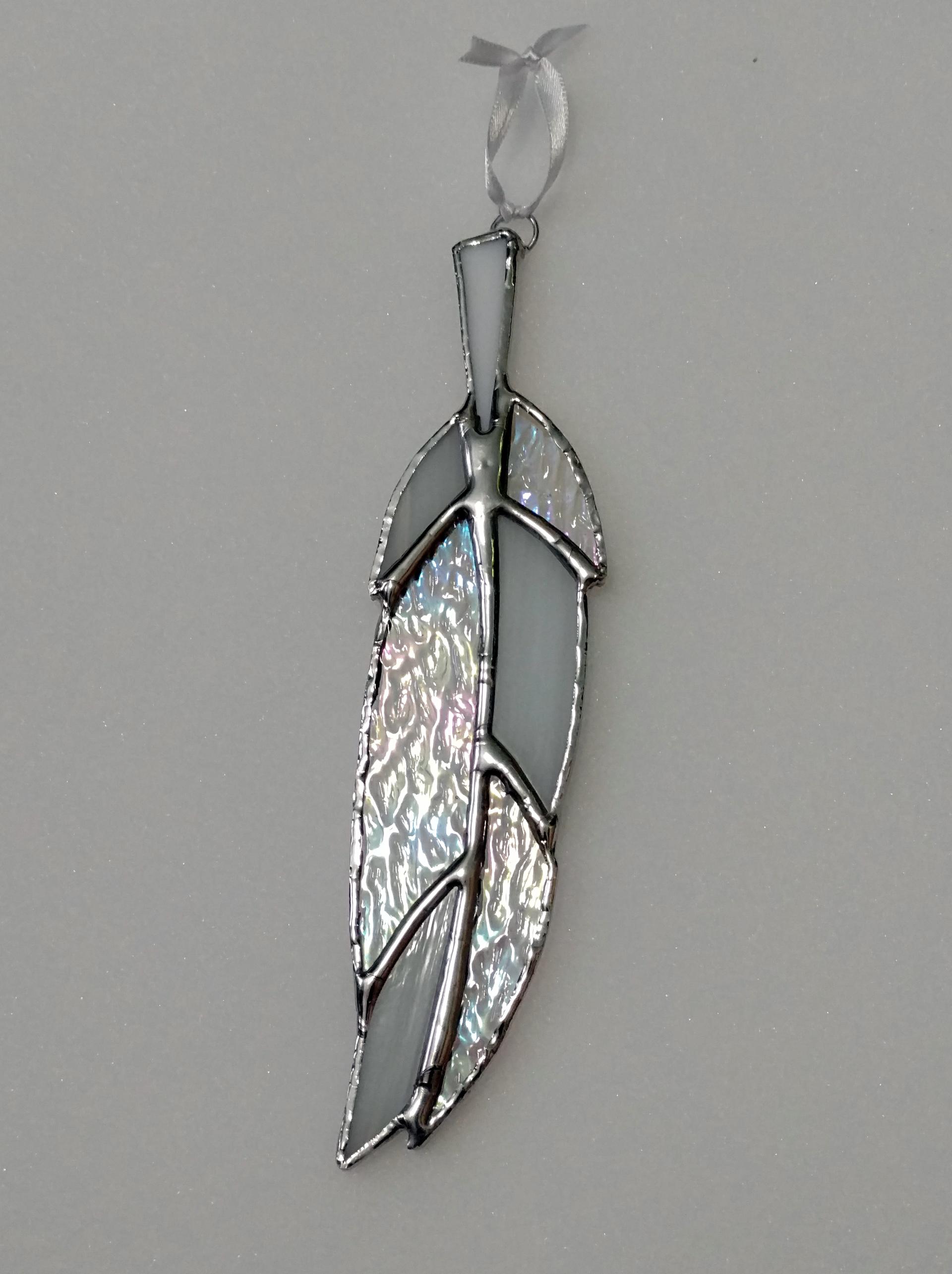 Stained Glass Feather Suncatcher, Iridescent Clear and White