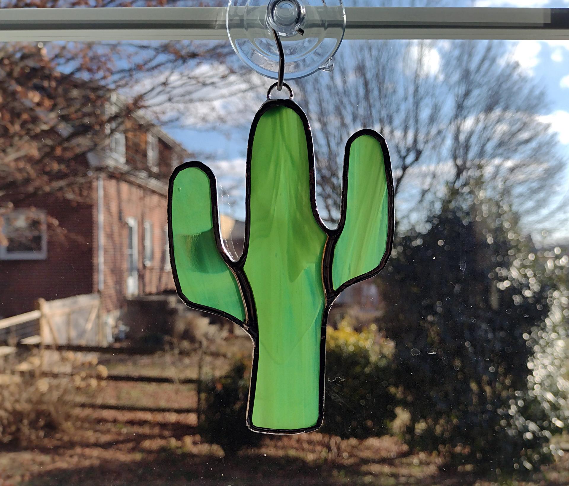 Stained Glass Cactus Suncatcher, Green White Wispy, Custom Colors Available